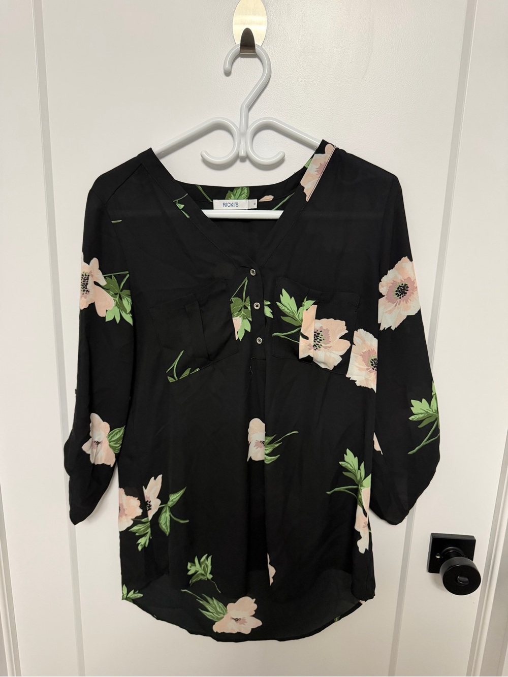 Ricki's Black Floral V-Neck Henley Blouse with Pink Flowers